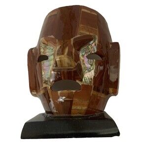 Vintage Mayan Aztec Death Mask Mexican Folk Art Small 4.25” X 3.5” Brown Stone